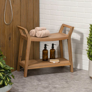 Orla 25.6" Modern Classic Slatted Solid Acacia Wood Indoor/Outdoor Shower Bench with Shelf and Handle